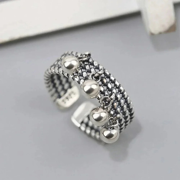 Minimalist 925 Sterling Silver Chunky Dangle Ball Ring Geometric Chain Link Ring - Picture 2 of 6